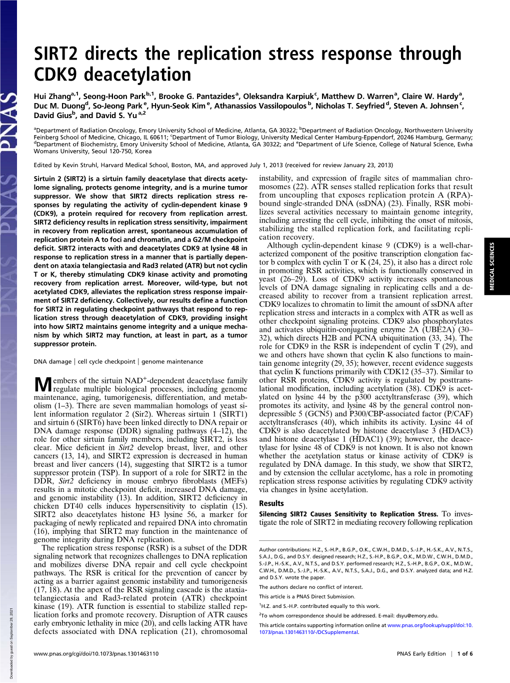 SIRT2 Directs the Replication Stress Response Through CDK9 Deacetylation