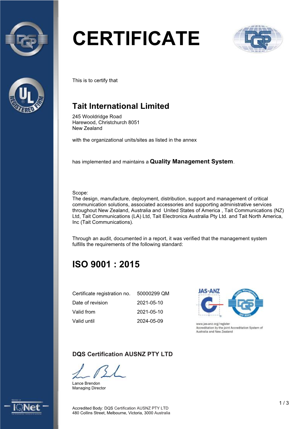Tait International Limited ISO 9001 Certificate