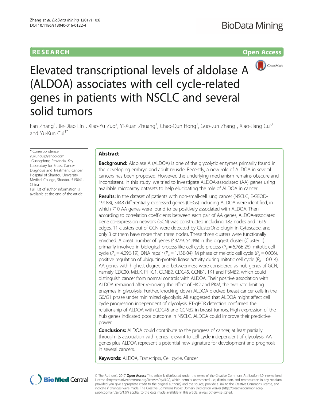 (ALDOA) Associates with Cell Cycle-Related Genes in Patients With