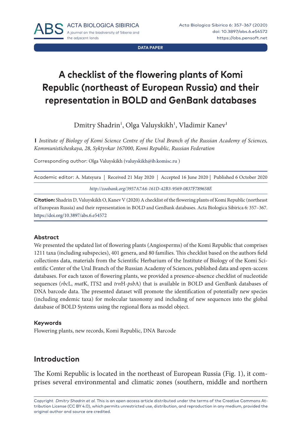 A Checklist of the Flowering Plants of Komi Republic (Northeast of European Russia) and Their Representation in BOLD and Genbank Databases