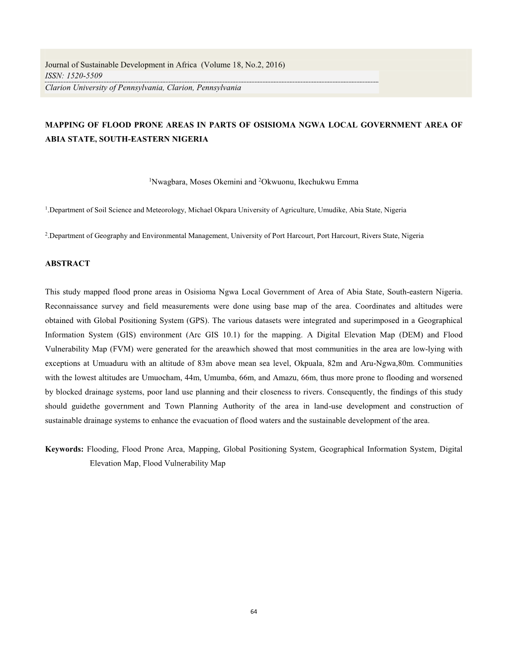 Mapping of Flood Prone Areas in Parts of Osisioma Ngwa Local Government Area of Abia State, South-Eastern Nigeria