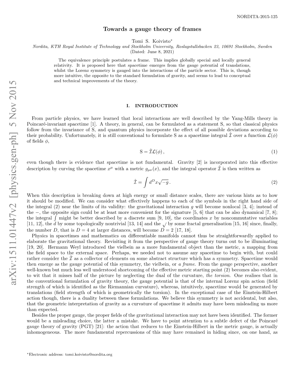 Towards a Gauge Theory of Frames