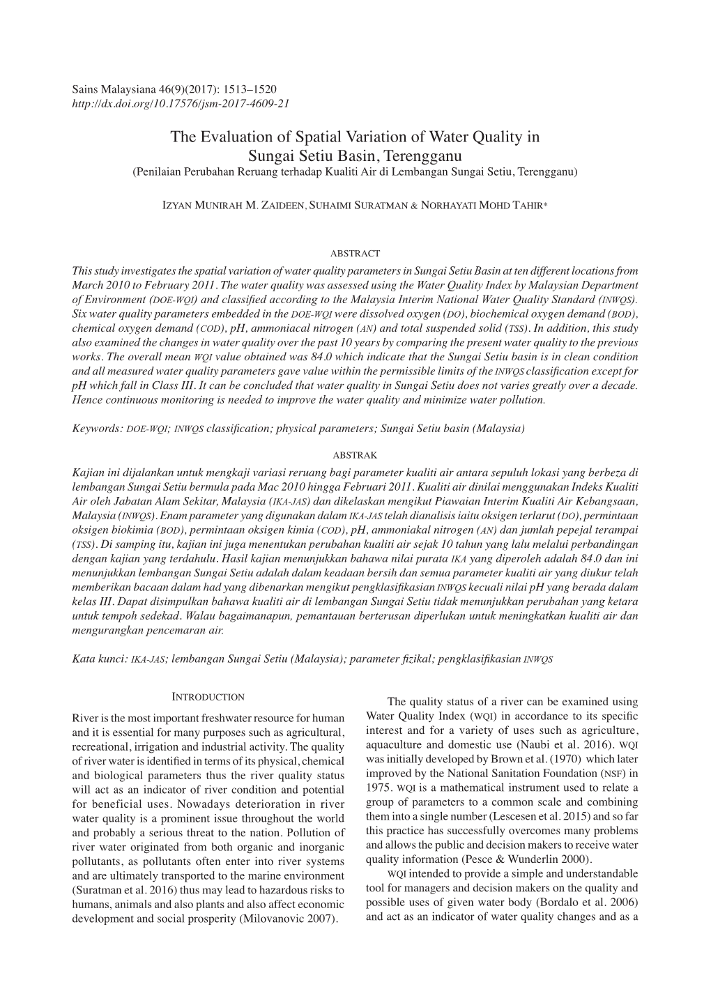 The Evaluation of Spatial Variation of Water Quality in Sungai Setiu Basin