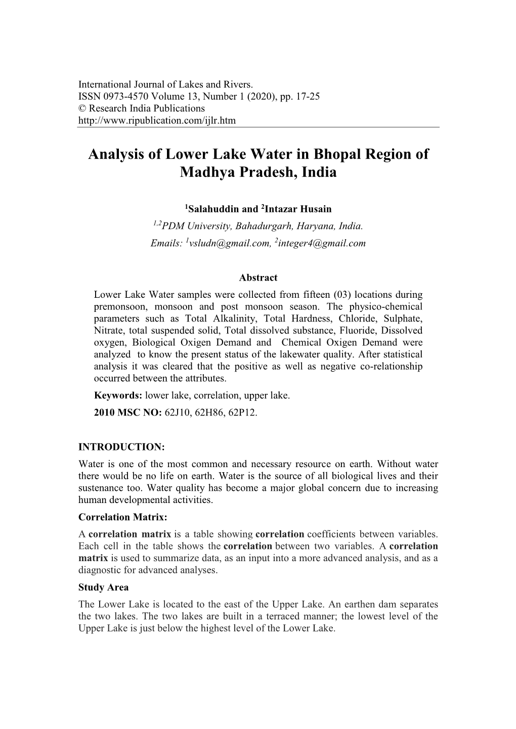 Analysis of Lower Lake Water in Bhopal Region of Madhya Pradesh, India