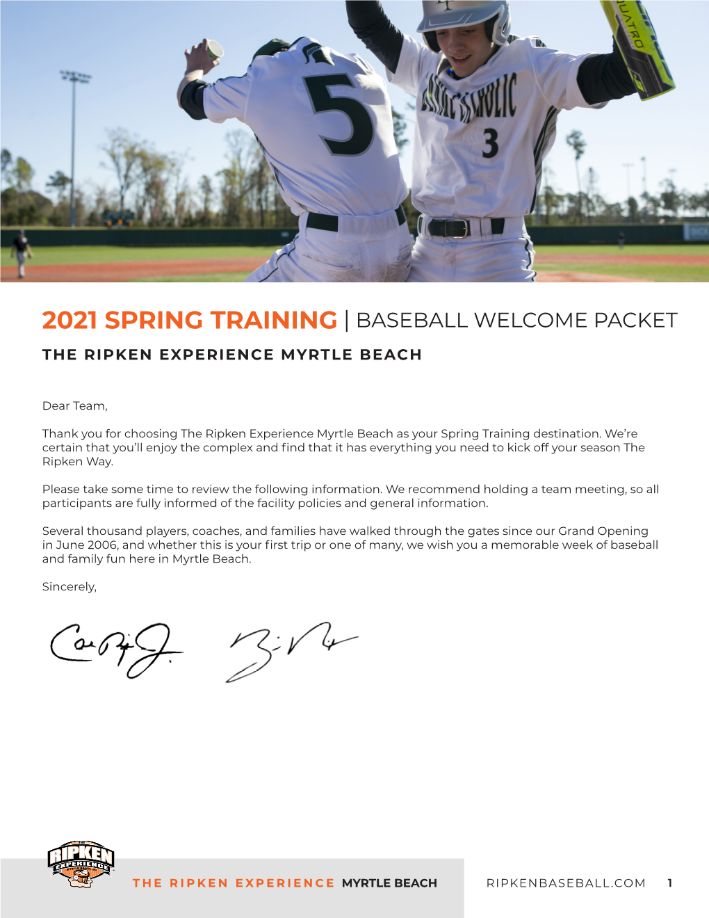 2021 Spring Training | Baseball Welcome Packet the Ripken Experience Myrtle Beach
