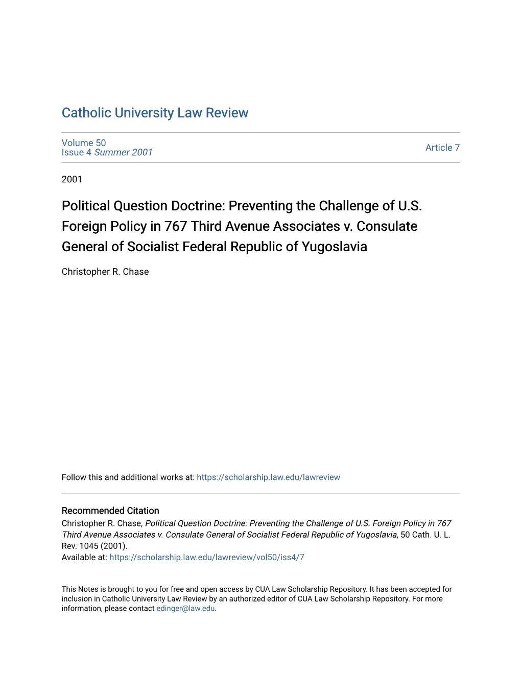 Political Question Doctrine: Preventing the Challenge of U.S