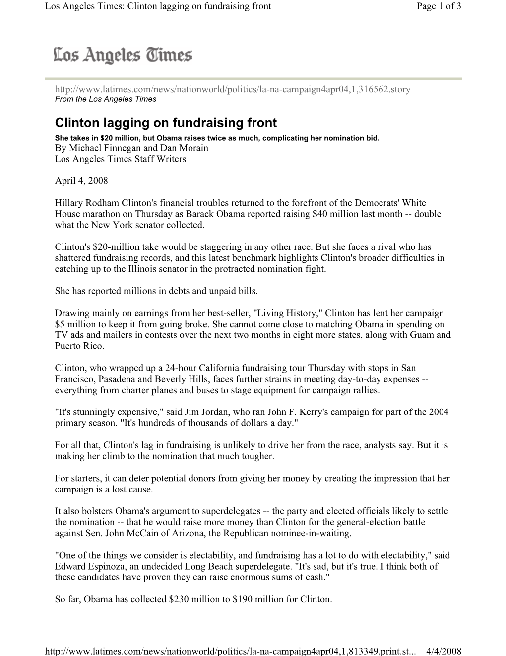 Clinton Lagging on Fundraising Front Page 1 of 3