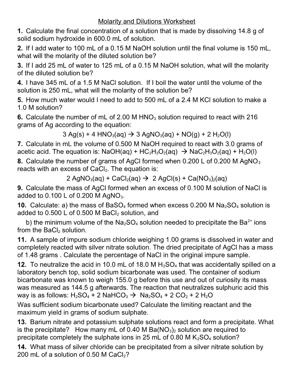 Molarity and Dilutions Worksheet