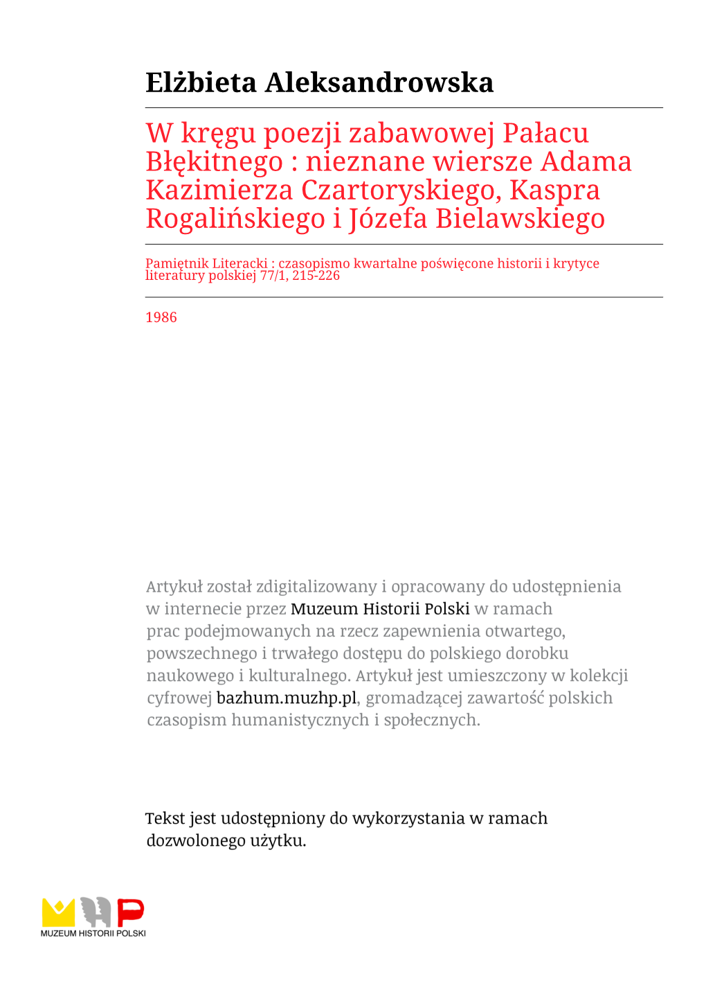 Nieznane Wiersze Adama Kazimierza Czartoryskiego, Kaspra Rogalińskiego I Józefa Bielawskiego