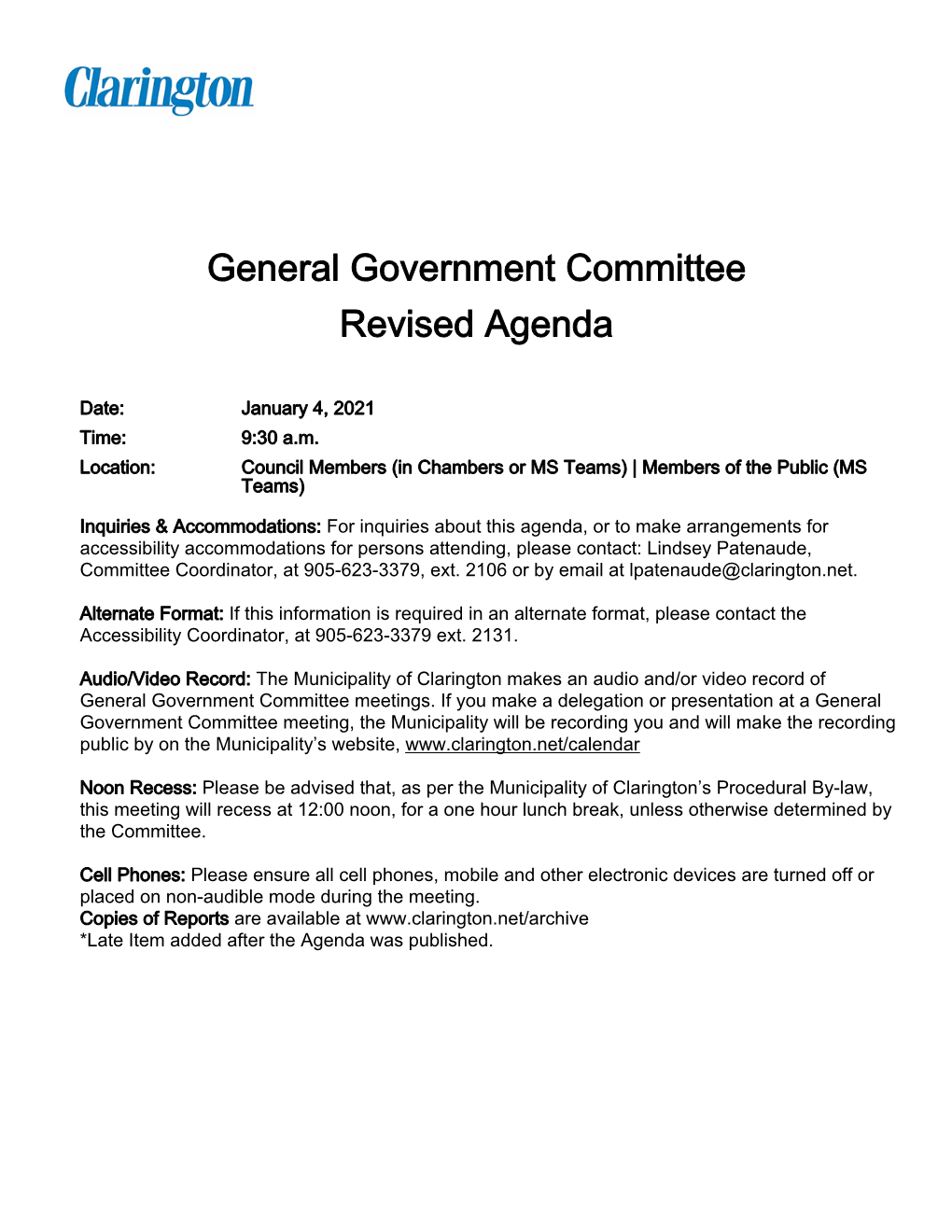 General Government Committee Revised Agenda