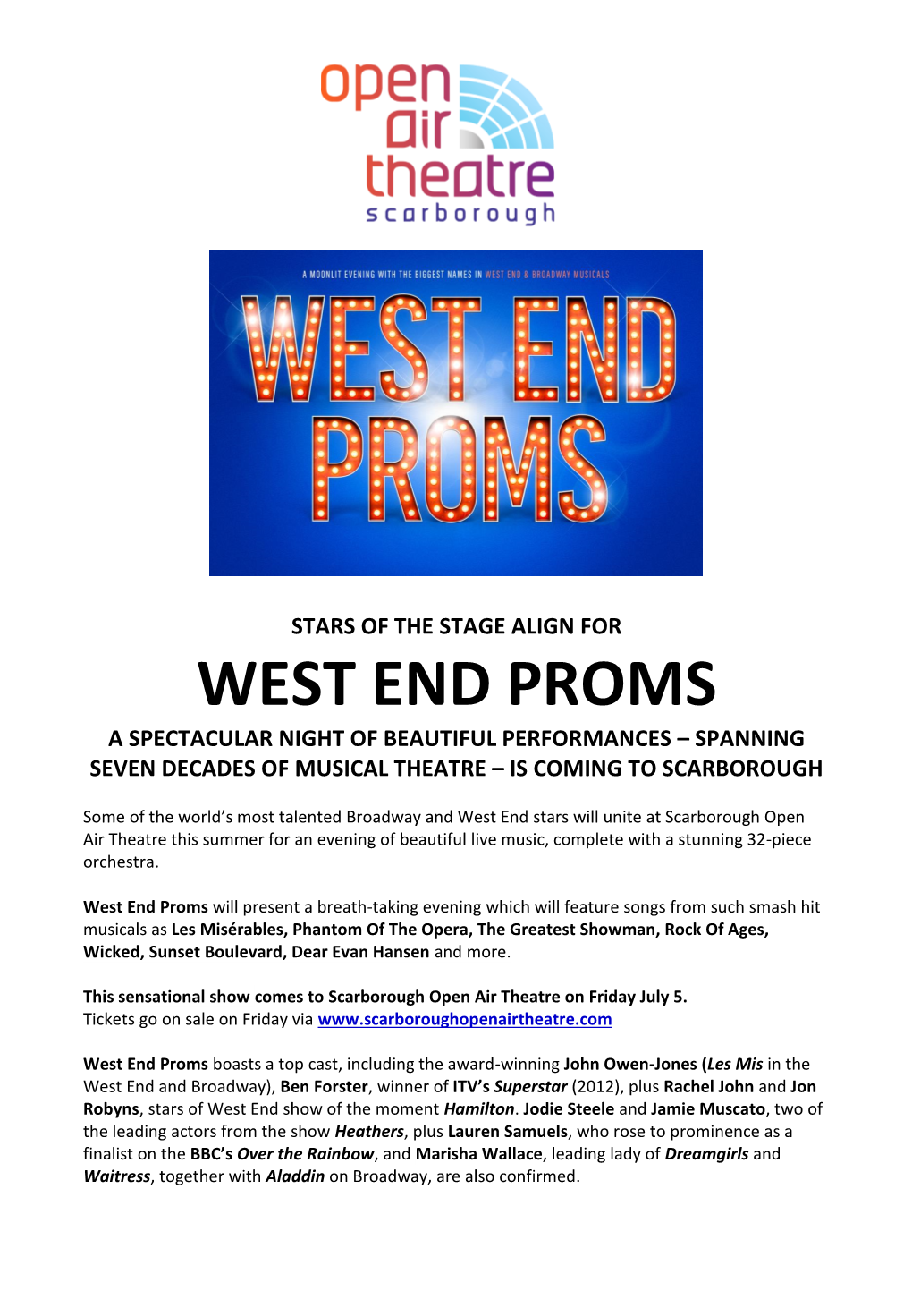 West End Proms a Spectacular Night of Beautiful Performances – Spanning Seven Decades of Musical Theatre – Is Coming to Scarborough