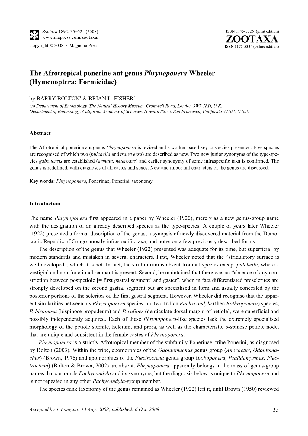 Zootaxa, the Afrotropical Ponerine Ant Genus Phrynoponera Wheeler (Hymenoptera: Formicidae)