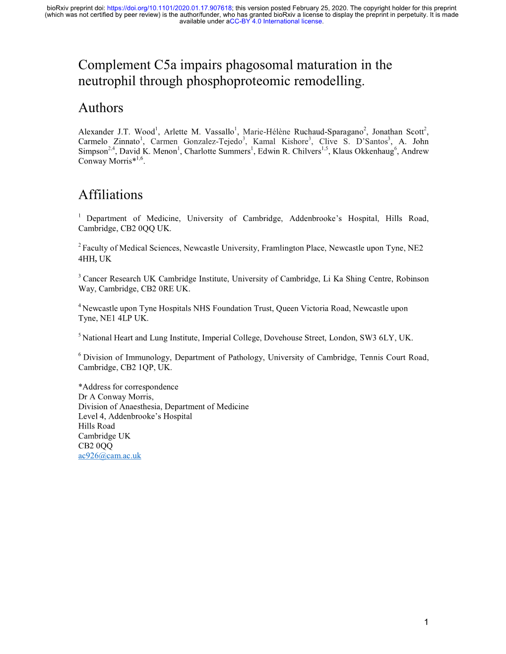 Complement C5a Impairs Phagosomal Maturation in the Neutrophil Through Phosphoproteomic Remodelling