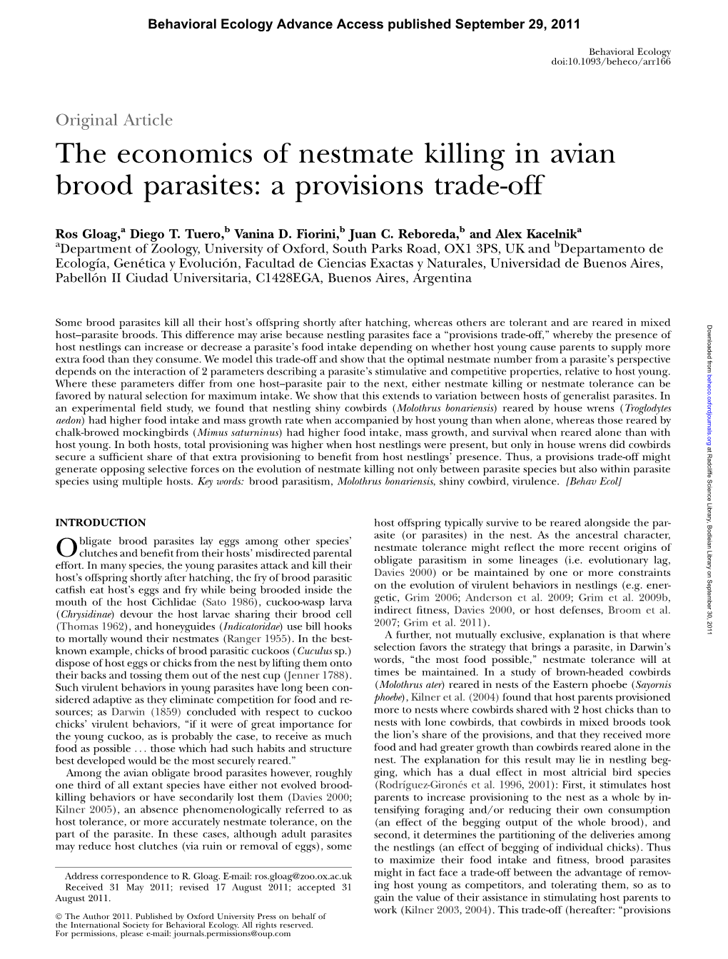 The Economics of Nestmate Killing in Avian Brood Parasites: a Provisions Trade-Off