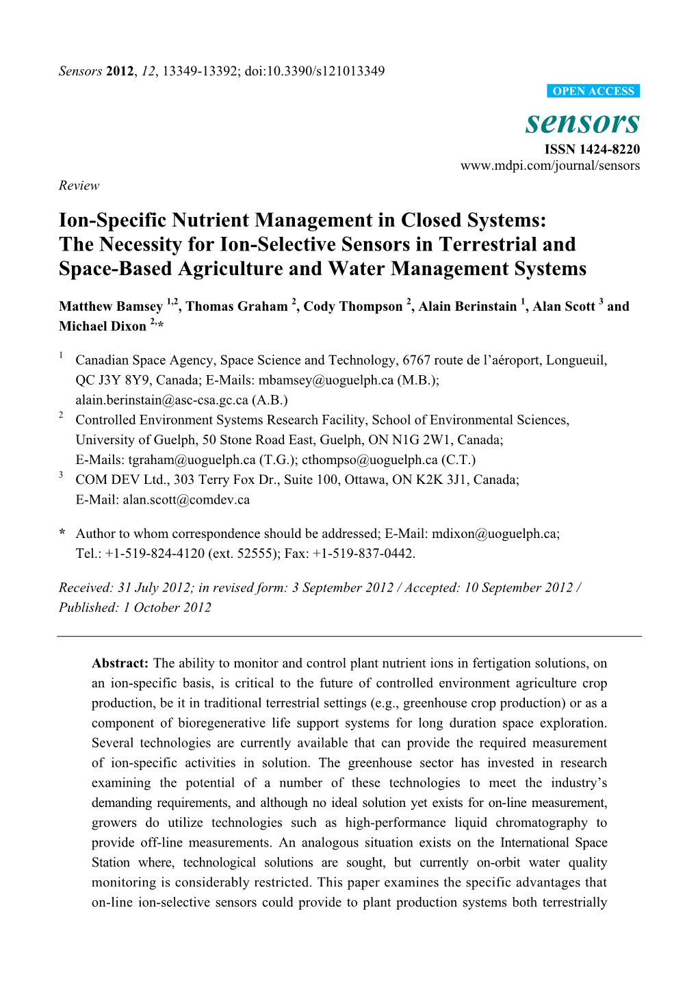 Ion-Specific Nutrient Management in Closed Systems: the Necessity for Ion-Selective Sensors in Terrestrial and Space-Based Agriculture and Water Management Systems