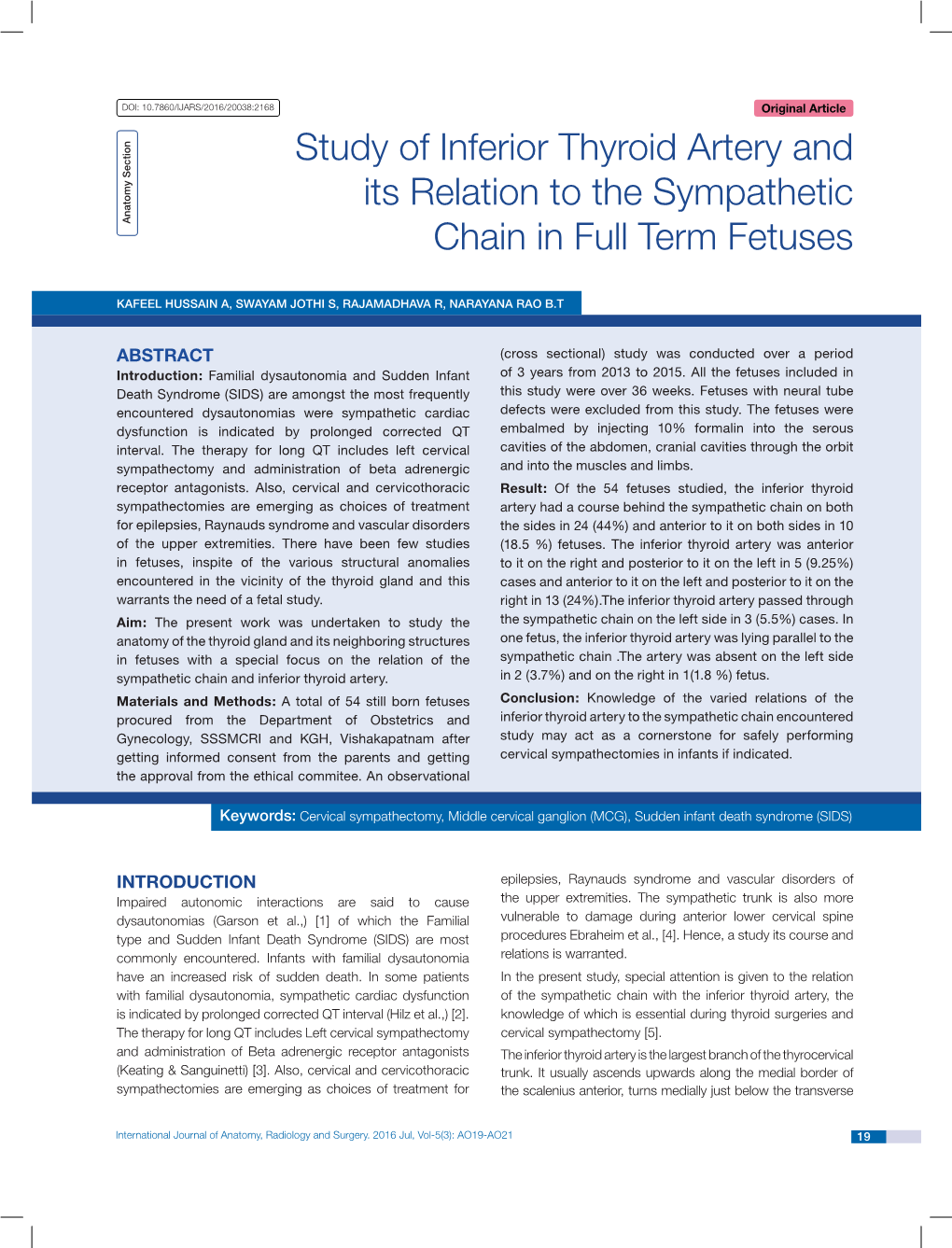 Study of Inferior Thyroid Artery and Its Relation to the Sympathetic Chain in Full Term Fetuses