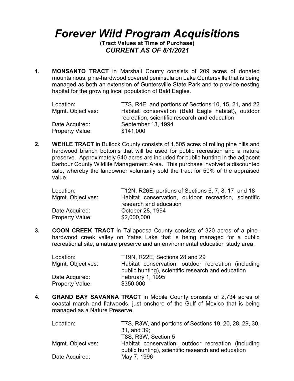 Forever Wild Program Acquisitions (Tract Values at Time of Purchase) CURRENT AS of 8/1/2021
