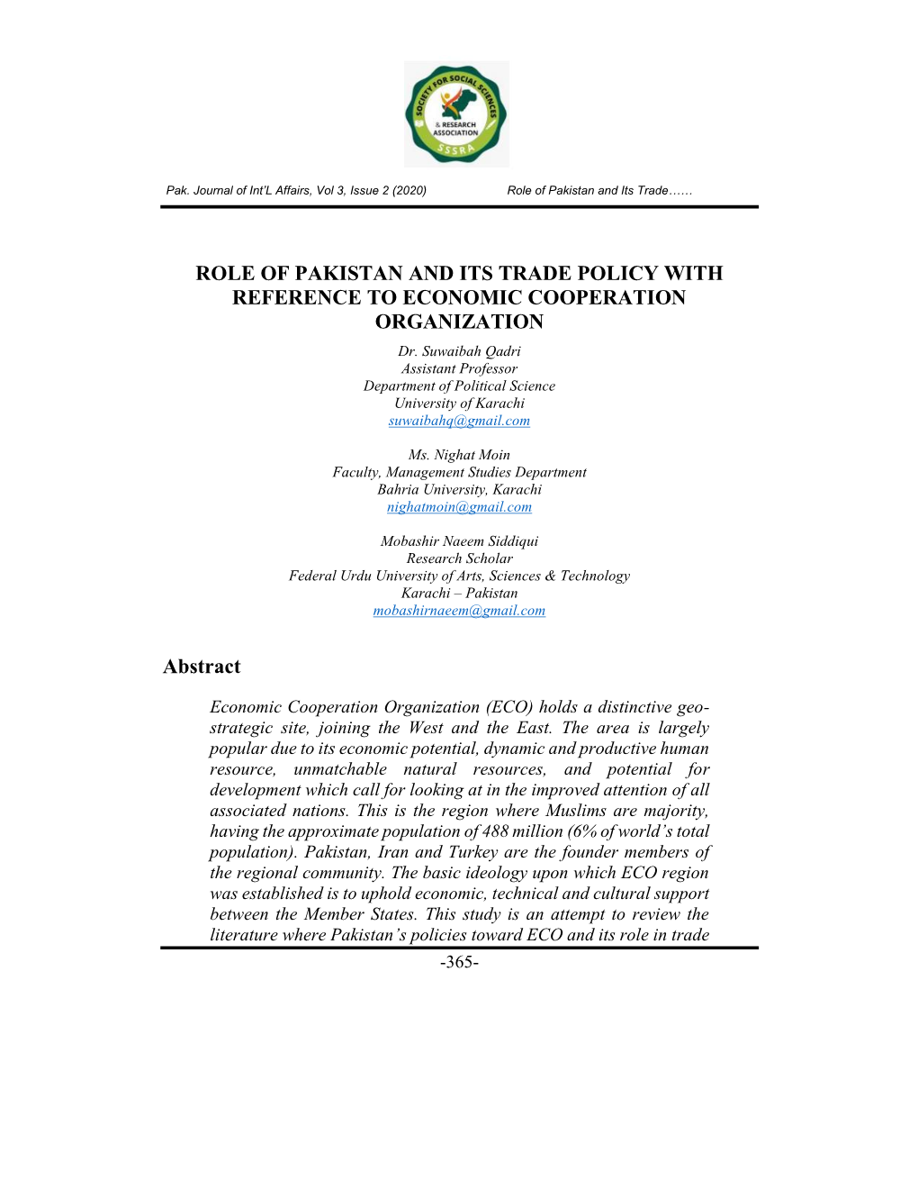 ROLE of PAKISTAN and ITS TRADE POLICY with REFERENCE to ECONOMIC COOPERATION ORGANIZATION Dr