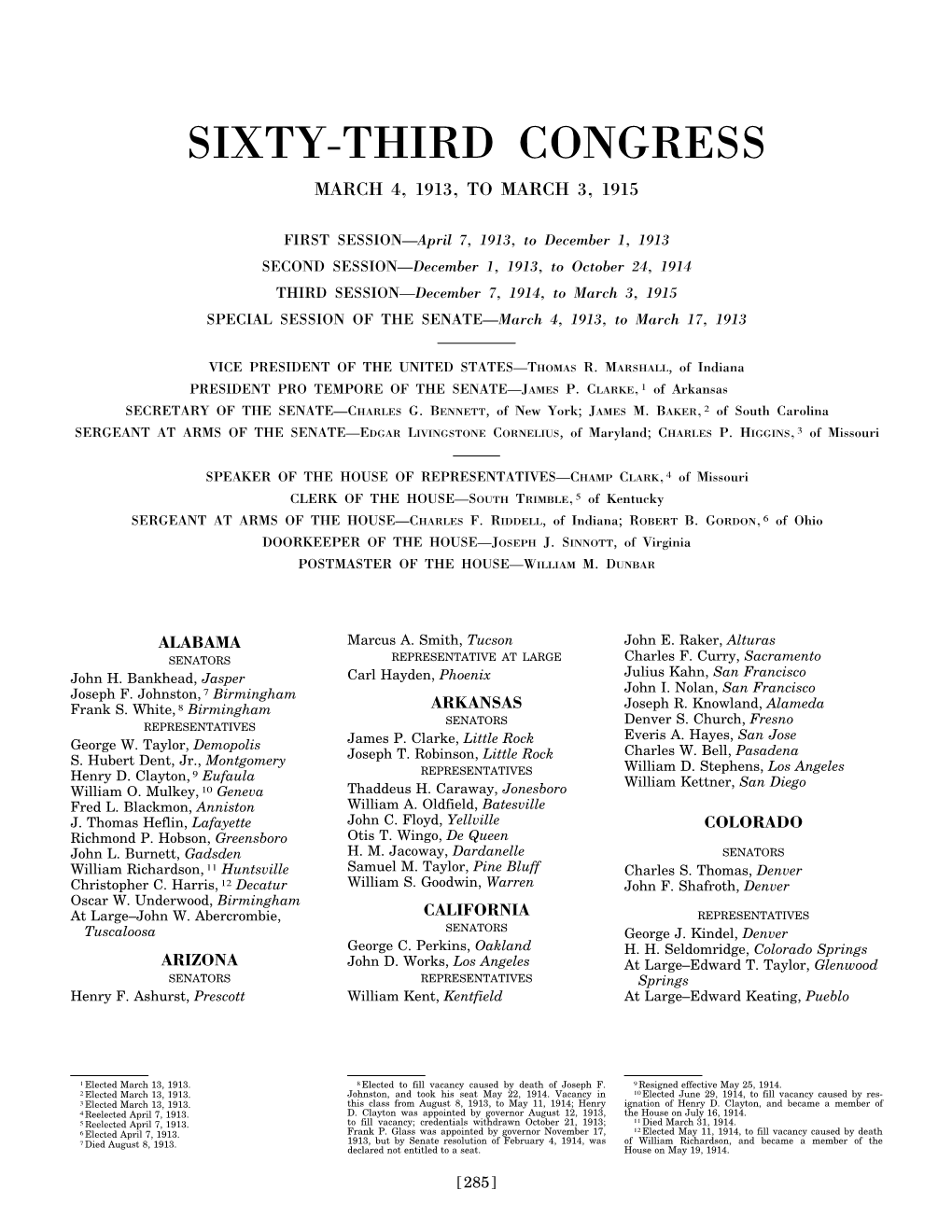 Sixty-Third Congress March 4, 1913, to March 3, 1915