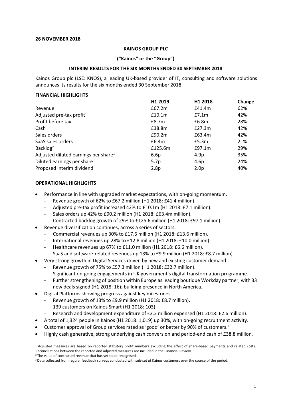 (“Kainos” Or the “Group”) INTERIM RESULTS for the SIX MONTHS