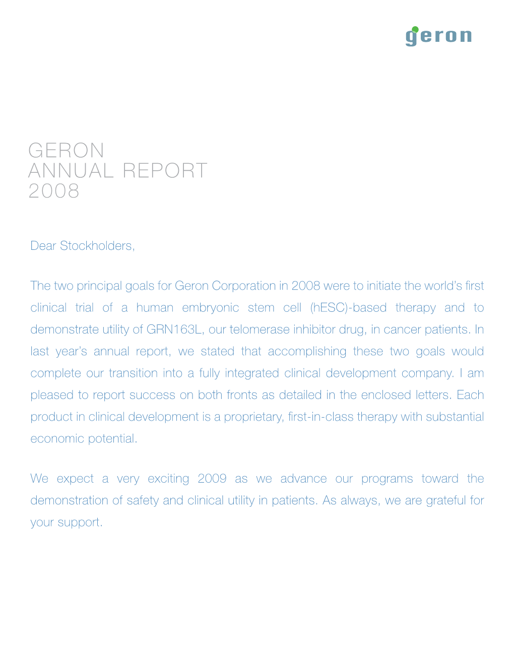 Geron Annual Report 2008