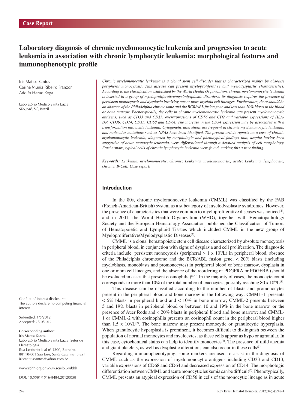 Laboratory Diagnosis of Chronic Myelomonocytic Leukemia