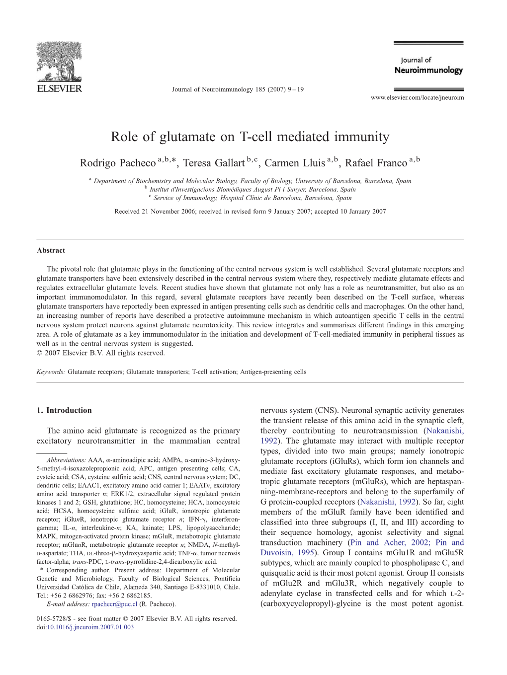 Role of Glutamate on T-Cell Mediated Immunity ⁎ Rodrigo Pacheco A,B, , Teresa Gallart B,C, Carmen Lluis A,B, Rafael Franco A,B