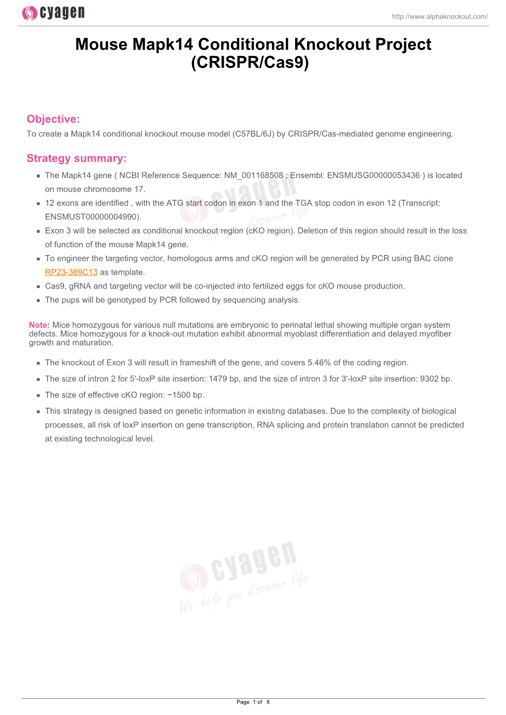 Mouse Mapk14 Conditional Knockout Project (CRISPR/Cas9)