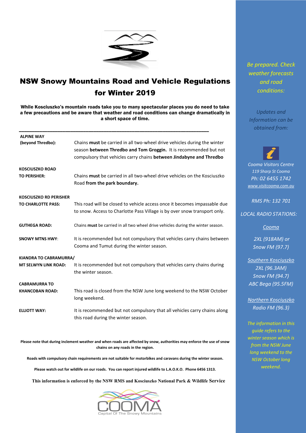 NSW Snowy Mountains Road and Vehicle Regulations for Winter 2019