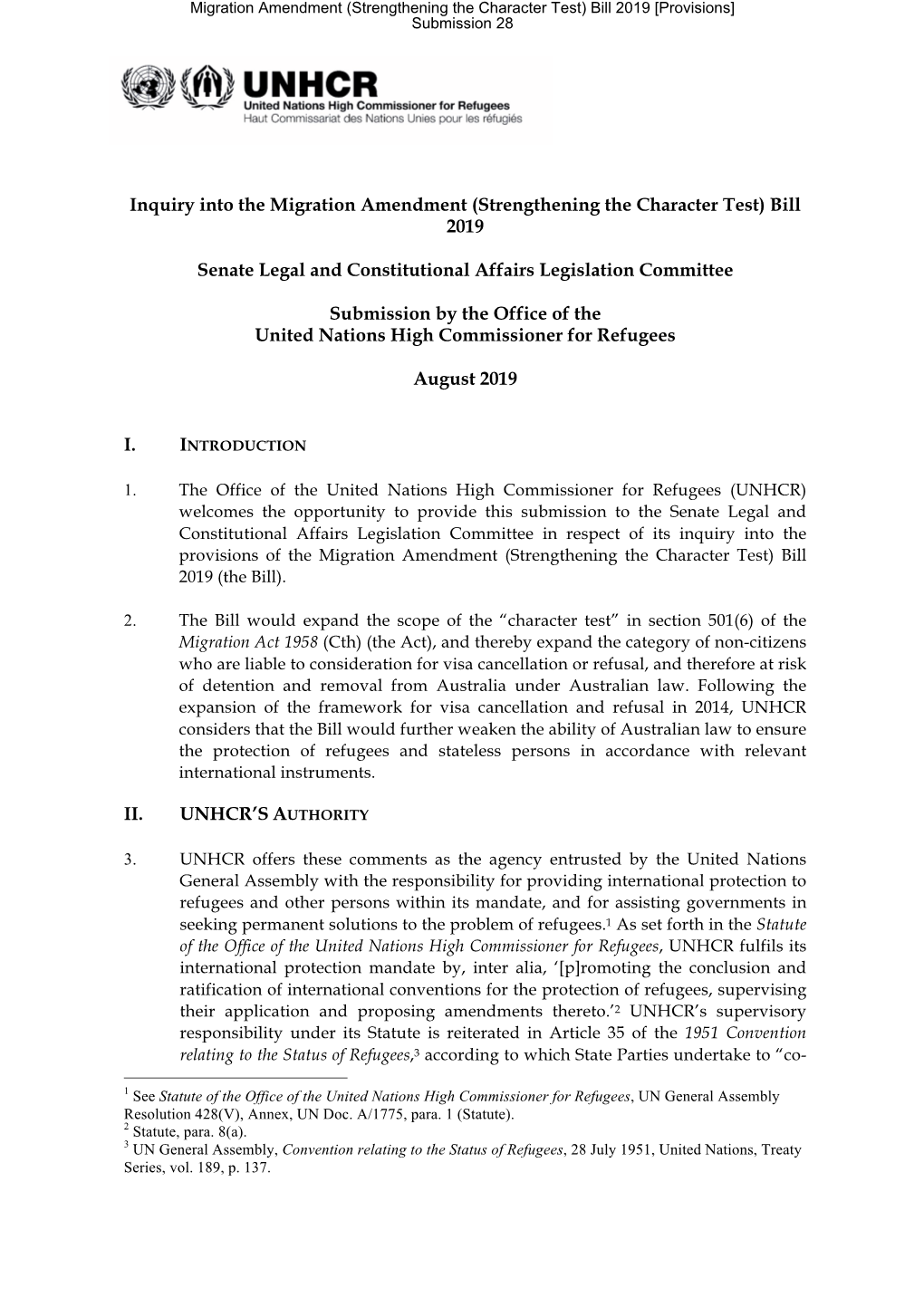 Inquiry Into the Migration Amendment (Strengthening the Character Test) Bill 2019