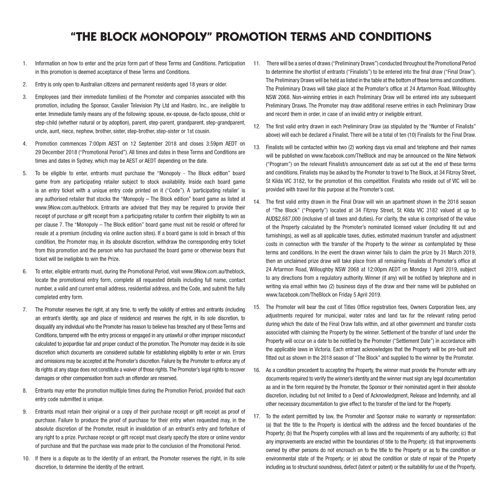 “The Block Monopoly” Promotion Terms and Conditions