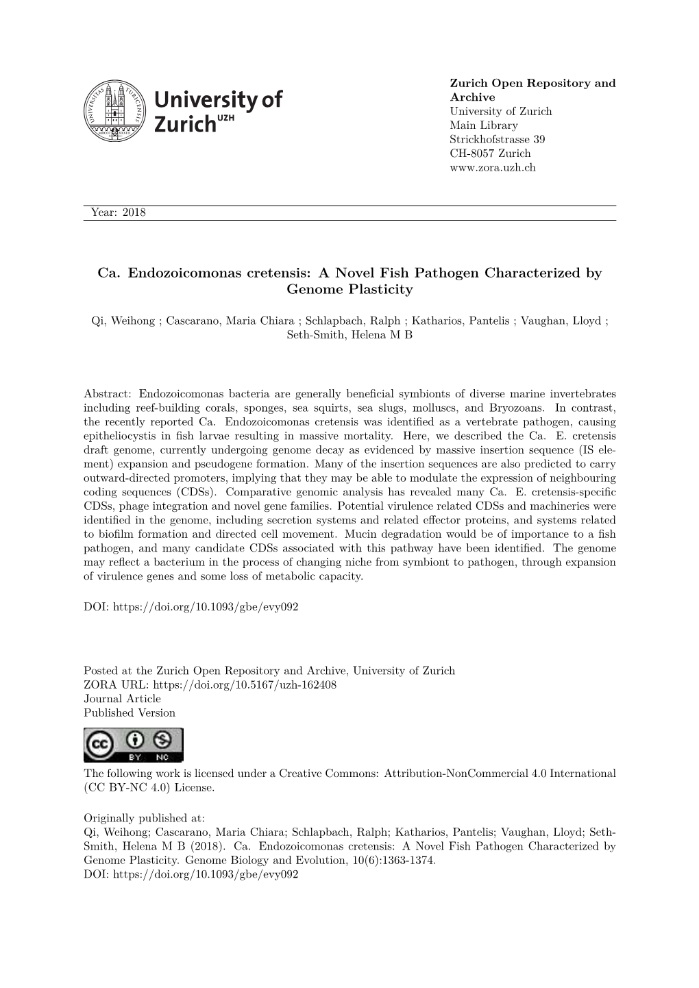 Ca. Endozoicomonas Cretensis: a Novel Fish Pathogen Characterized by Genome Plasticity