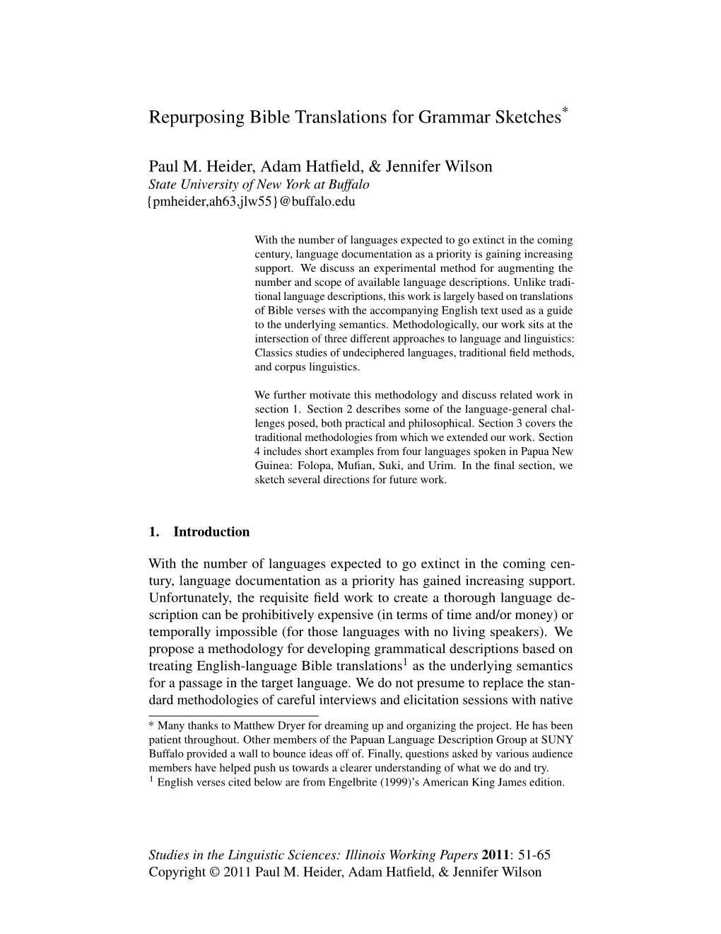 Repurposing Bible Translations for Grammar Sketches*