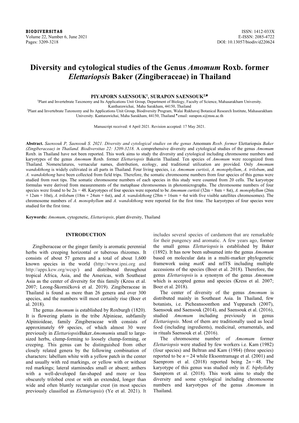 Diversity and Cytological Studies of the Genus Amomum Roxb. Former Elettariopsis Baker (Zingiberaceae) in Thailand