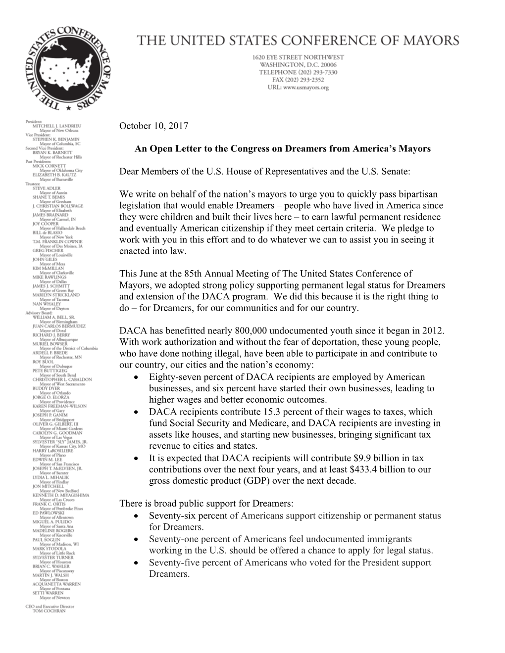 October 10, 2017 an Open Letter to the Congress on Dreamers from America's Mayors Dear Members of the U.S. House of Representa