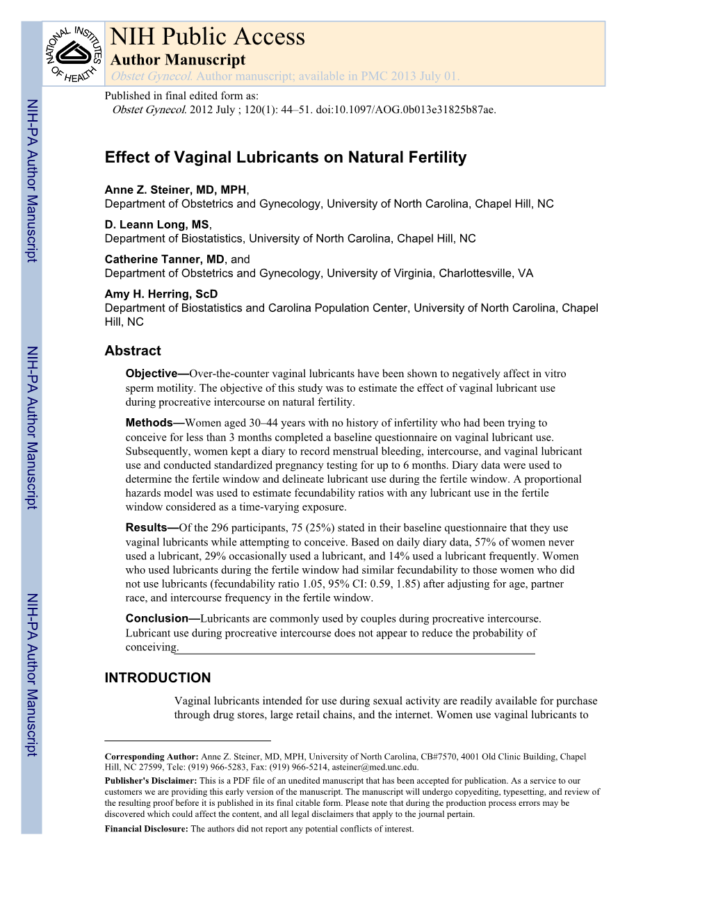 Effects of Vaginal Lubricants on Natural Fertility