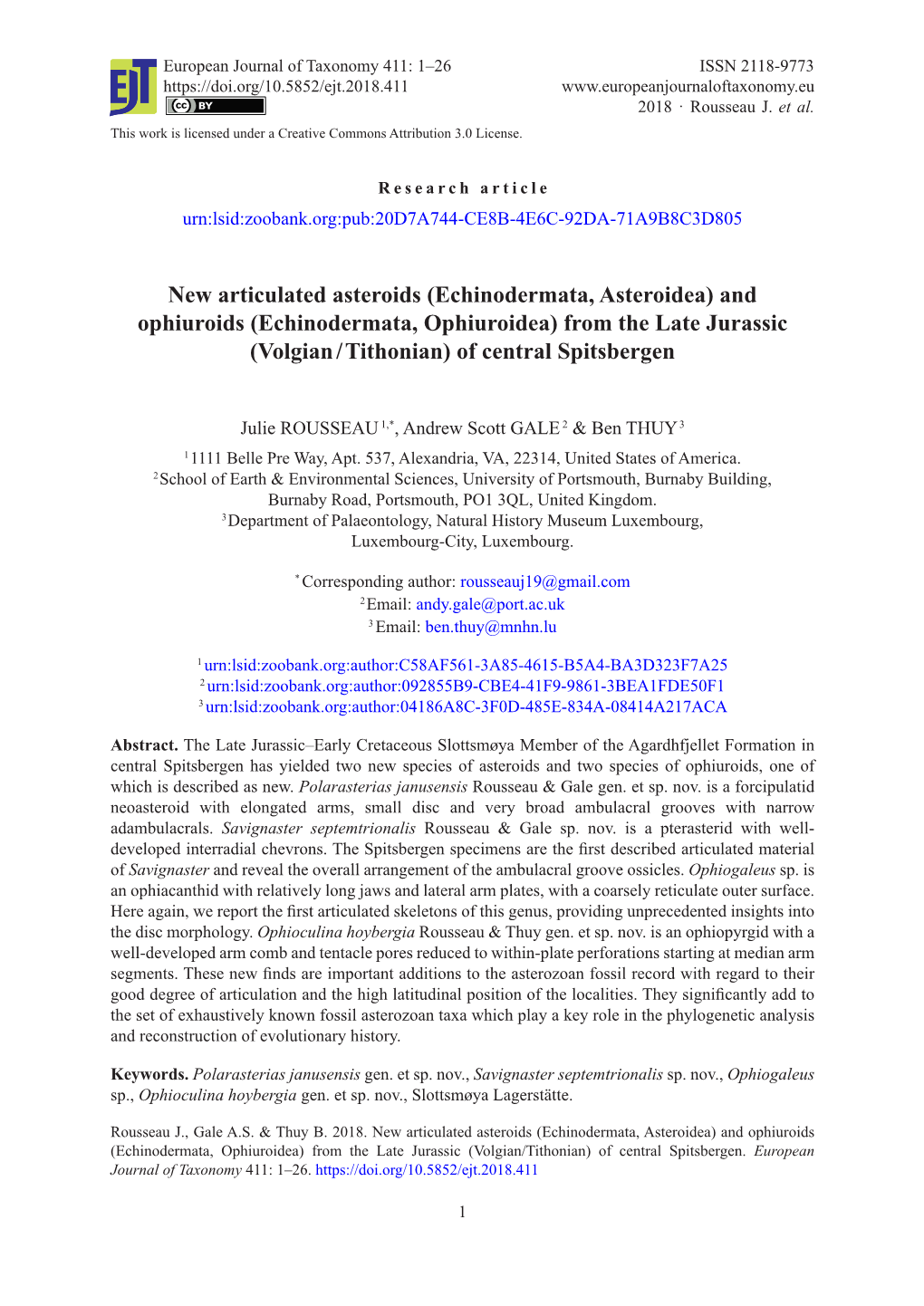 New Articulated Asteroids (Echinodermata, Asteroidea) and Ophiuroids (Echinodermata, Ophiuroidea) from the Late Jurassic (Volgian / Tithonian) of Central Spitsbergen