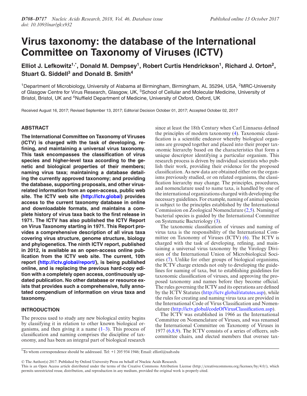 The Database of the International Committee on Taxonomy of Viruses (ICTV) Elliot J