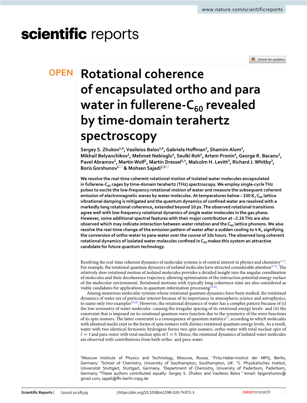 Rotational Coherence of Encapsulated Ortho and Para Water in Fullerene‑C60 Revealed by Time‑Domain Terahertz Spectroscopy Sergey S