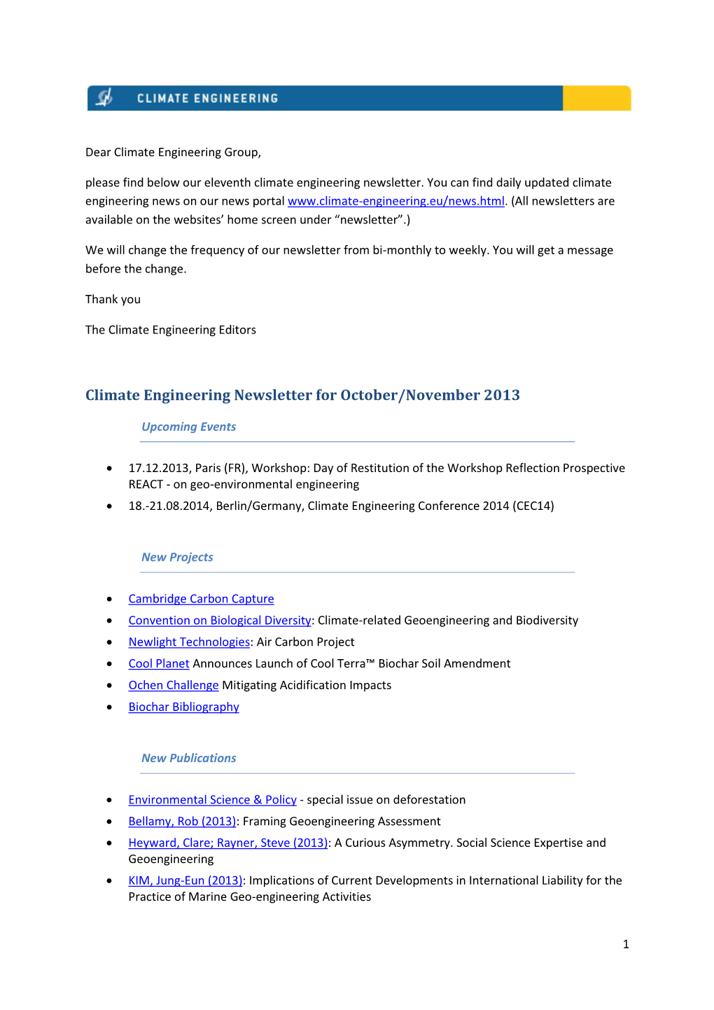 Climate Engineering Newsletter for October/November 2013