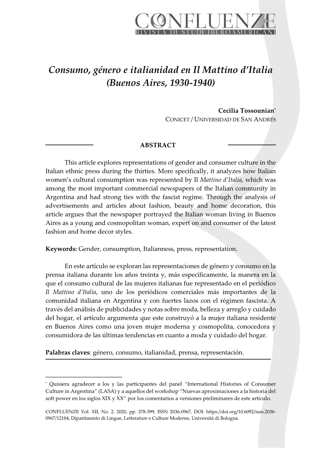 Consumo, Género E Italianidad En Il Mattino D'italia