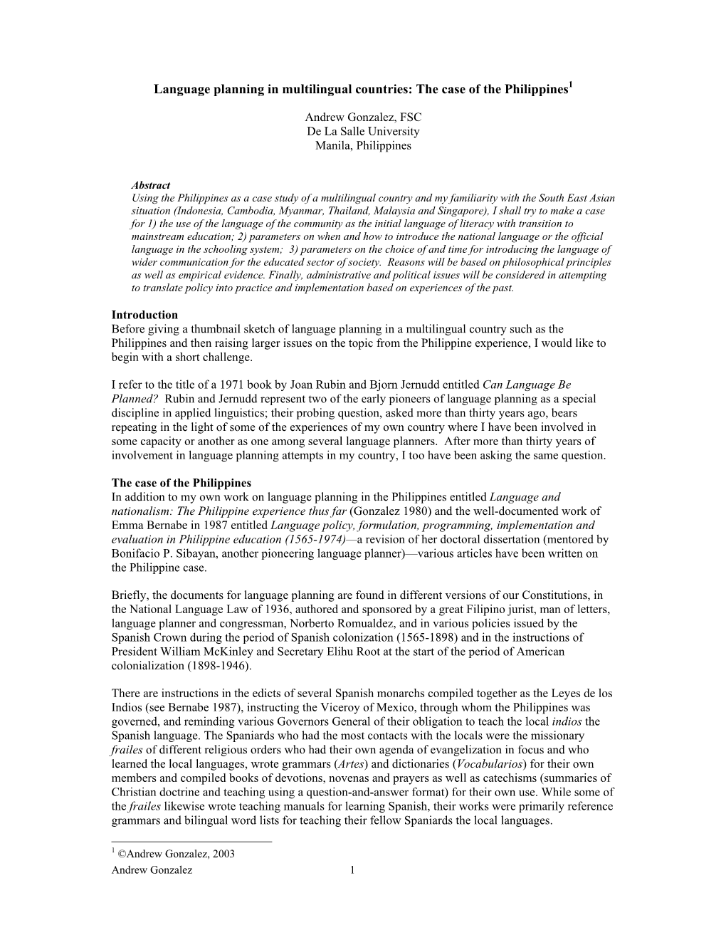 Language Planning in Multilingual Countries: the Case of the Philippines1