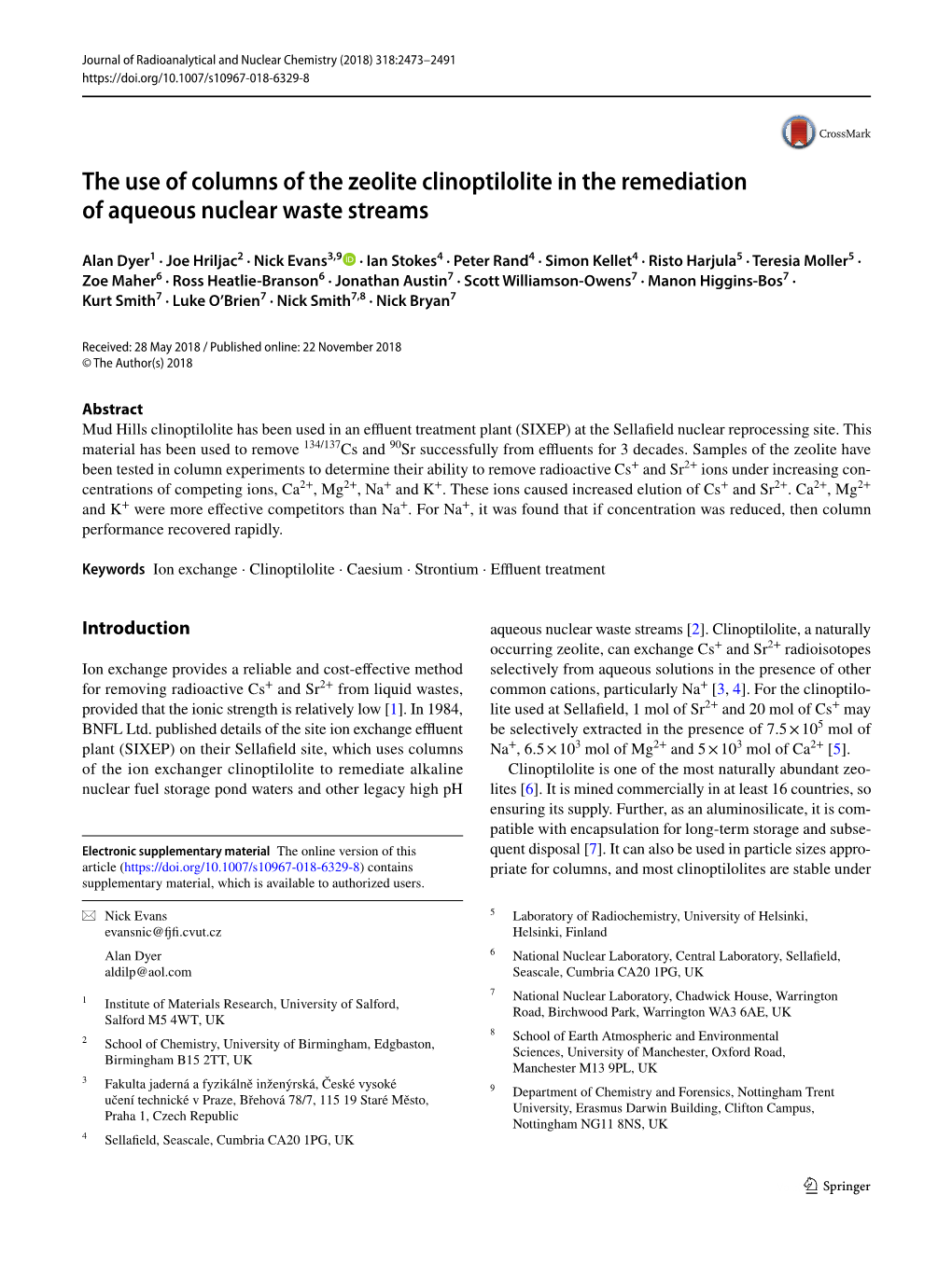 The Use of Columns of the Zeolite Clinoptilolite in the Remediation of Aqueous Nuclear Waste Streams