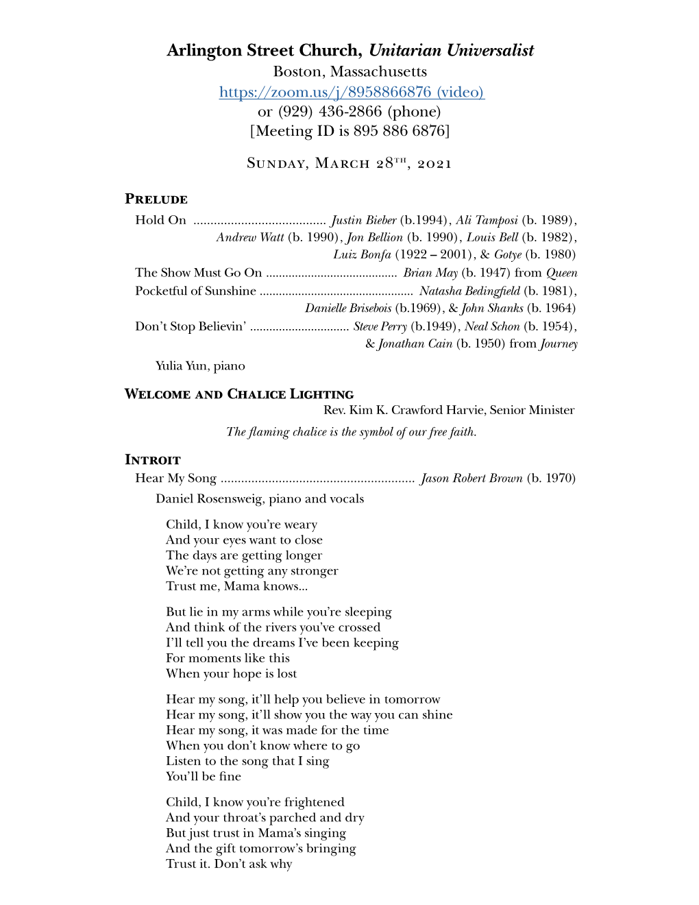 Arlington Street Church, Unitarian Universalist Boston, Massachusetts (Video) Or (929) 436-2866 (Phone) [Meeting ID Is 895 886 6876]