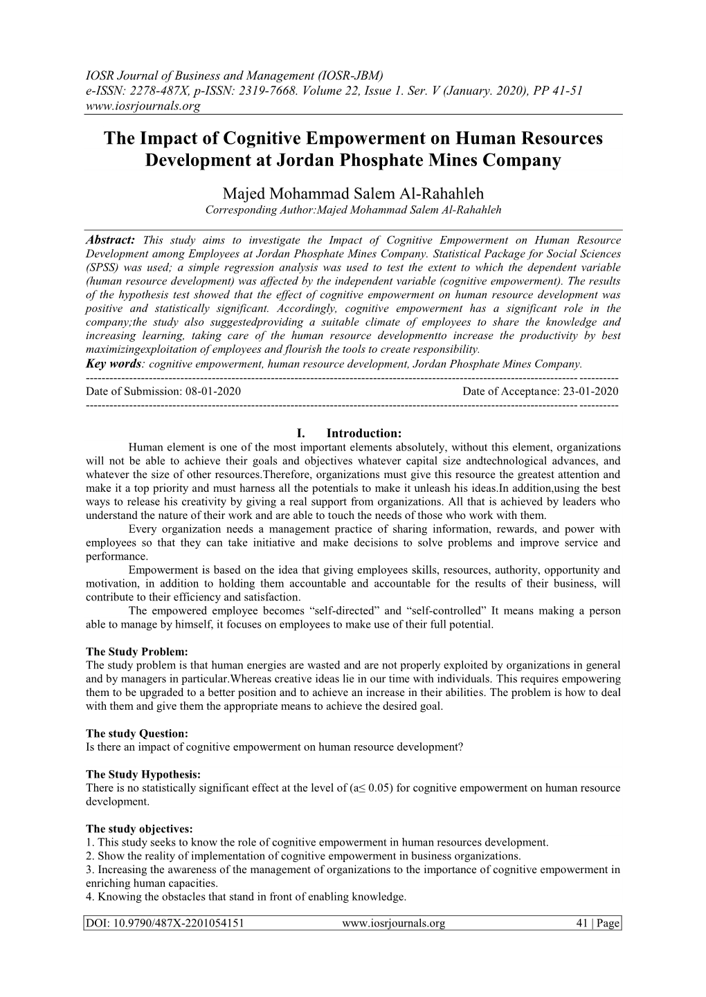 The Impact of Cognitive Empowerment on Human Resources Development at Jordan Phosphate Mines Company