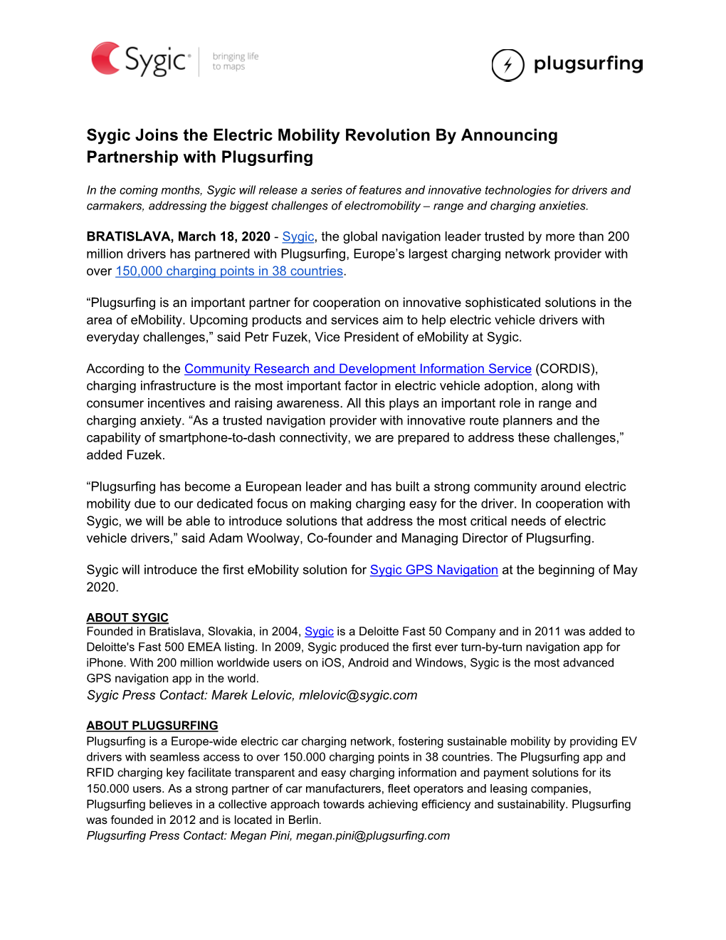Sygic Joins the Electric Mobility Revolution by Announcing Partnership with Plugsurfing