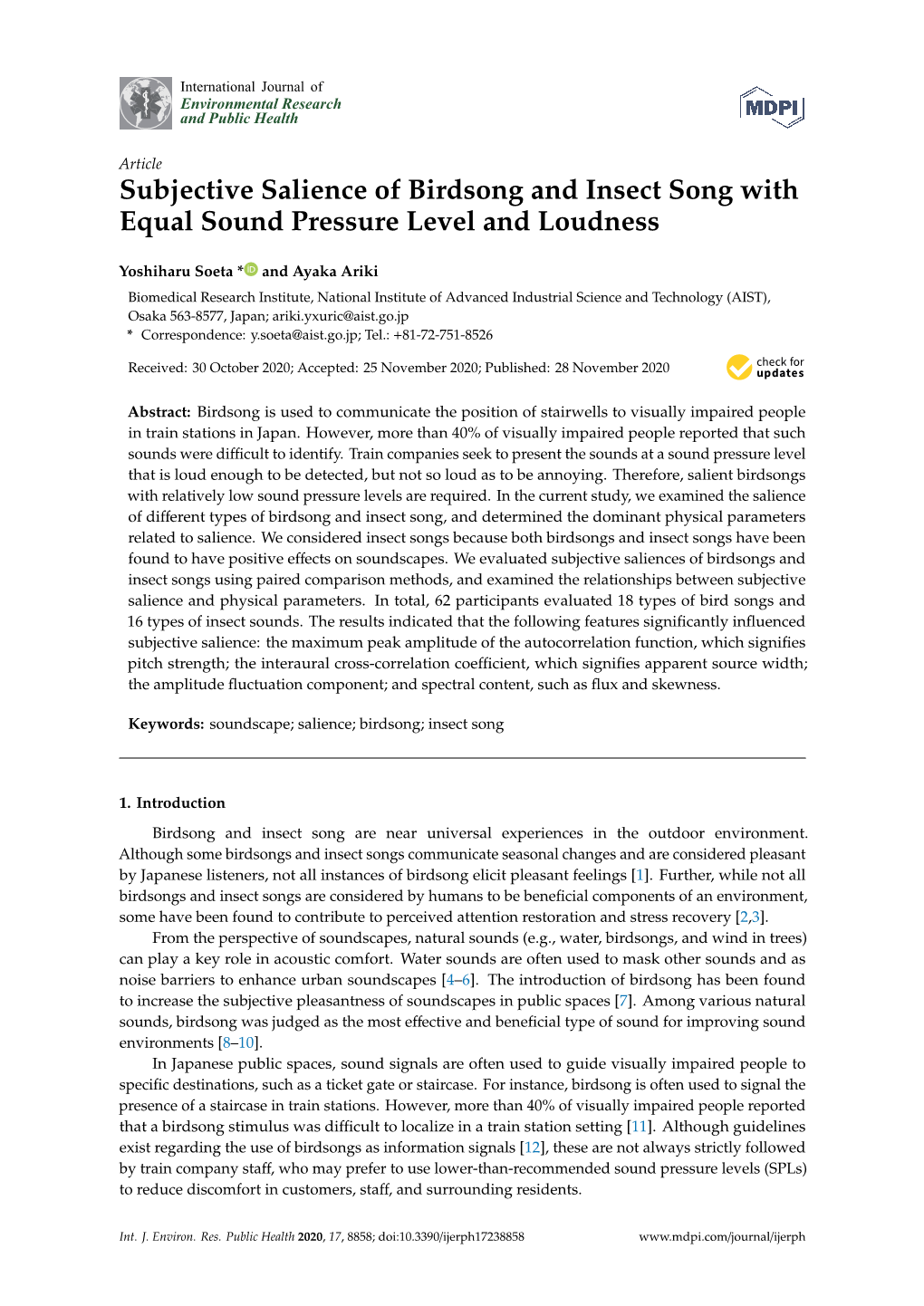 Subjective Salience of Birdsong and Insect Song with Equal Sound Pressure Level and Loudness