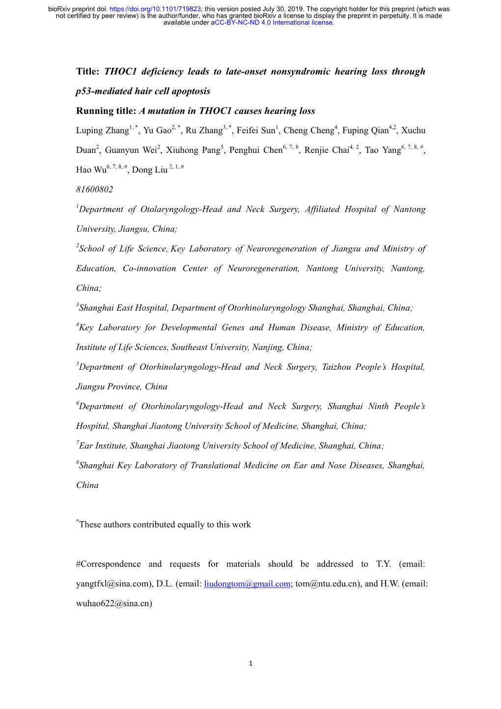 THOC1 Deficiency Leads to Late-Onset Nonsyndromic Hearing Loss Through P53-Mediated Hair Cell Apoptosis Running Title: a Mutation in THOC1 Causes Hearing Loss