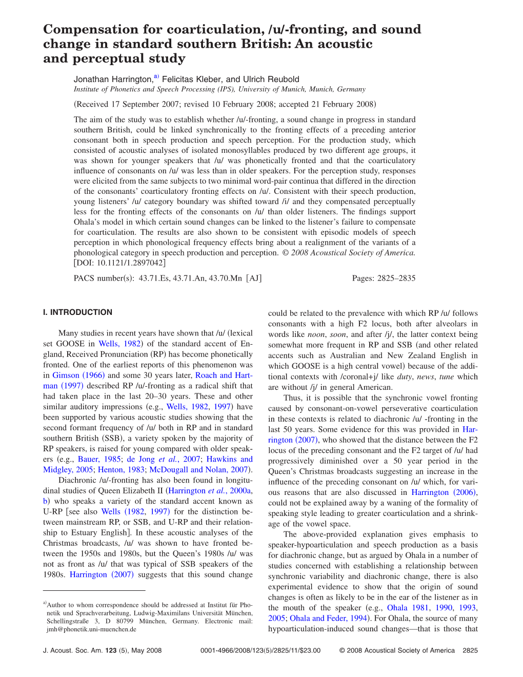 Compensation for Coarticulation, Õuõ-Fronting, and Sound Change in Standard Southern British: an Acoustic and Perceptual Study