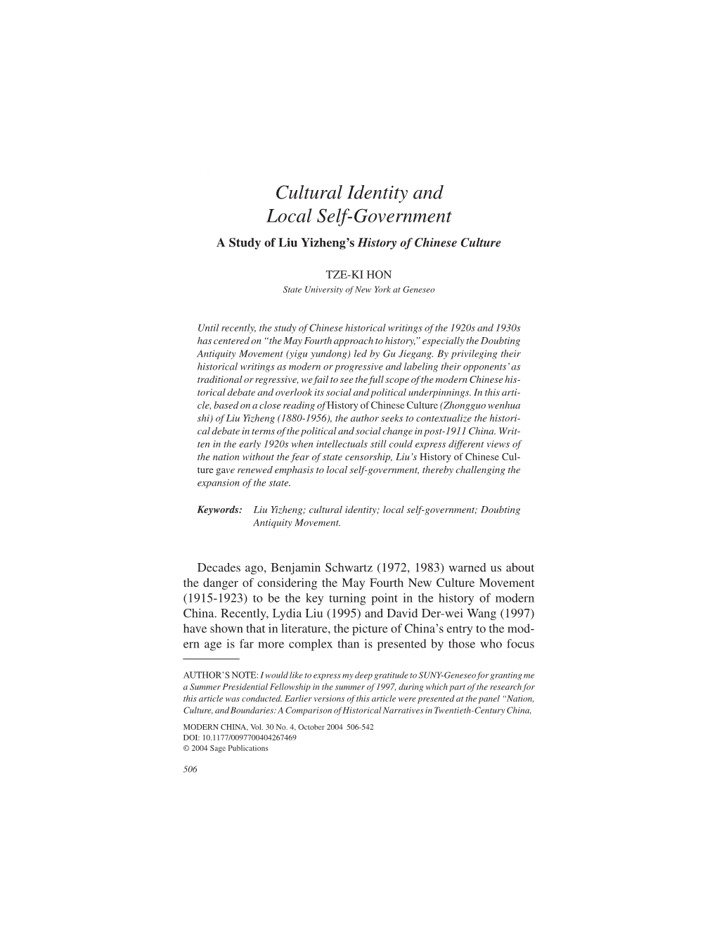 Cultural Identity and Local Self-Government a Study of Liu Yizheng’S History of Chinese Culture